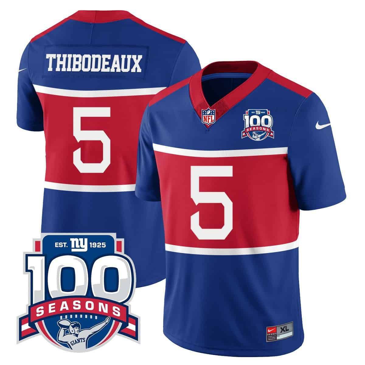 Men New York Giants #5 Thibodeaux 2024 Nike Blue 100TH Season Commemorative Vapor NFL Jersey